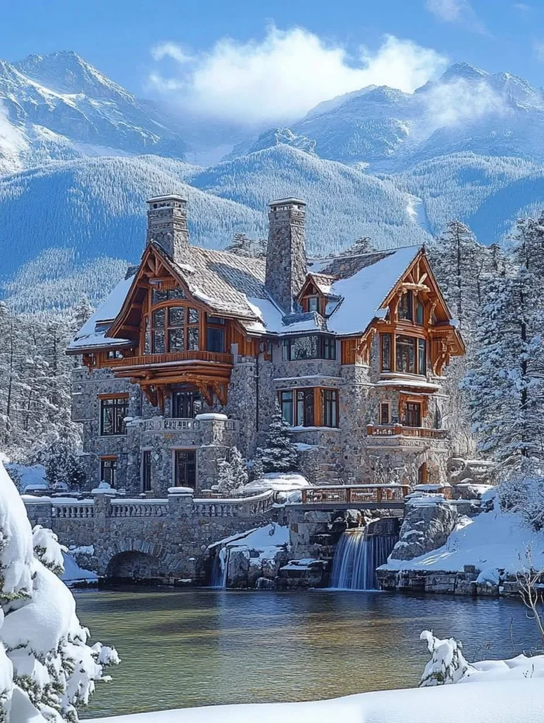 Mountain chalet with integrated waterfall, pond, and snow-covered mountain backdrop.