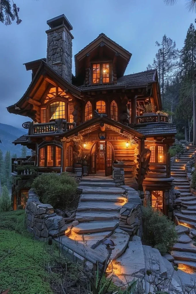 Multi-story log cabin at dusk with illuminated interior and winding stone steps.