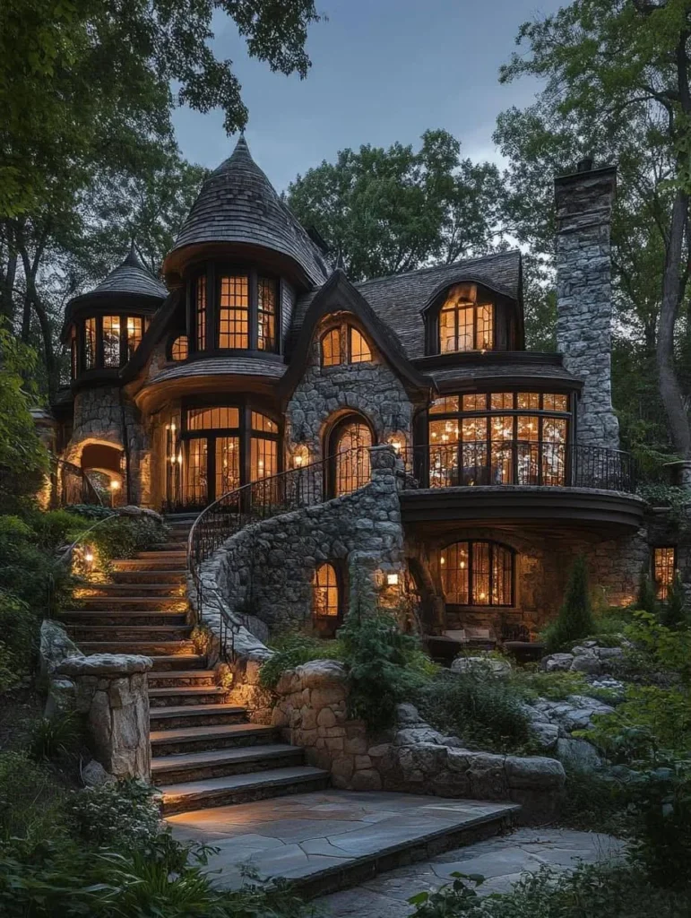 Storybook stone cottage at dusk with winding staircase and illuminated turret, surrounded by trees.