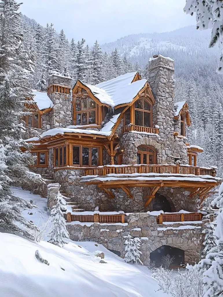 Luxury mountain chalet with multiple balconies, stone and timber exterior, surrounded by snow.