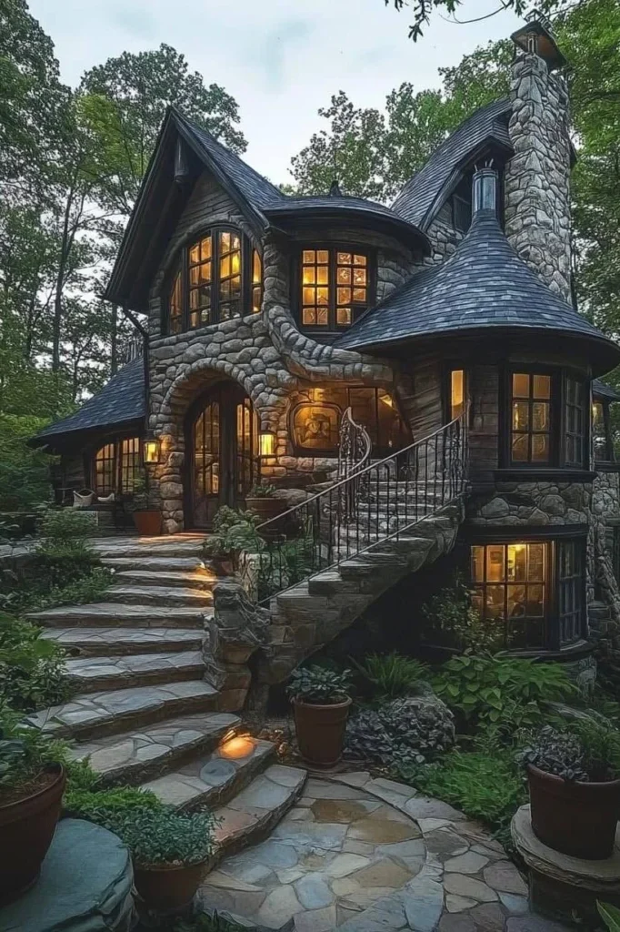 Stone cottage with a winding exterior staircase, illuminated windows, nestled among trees at dusk.