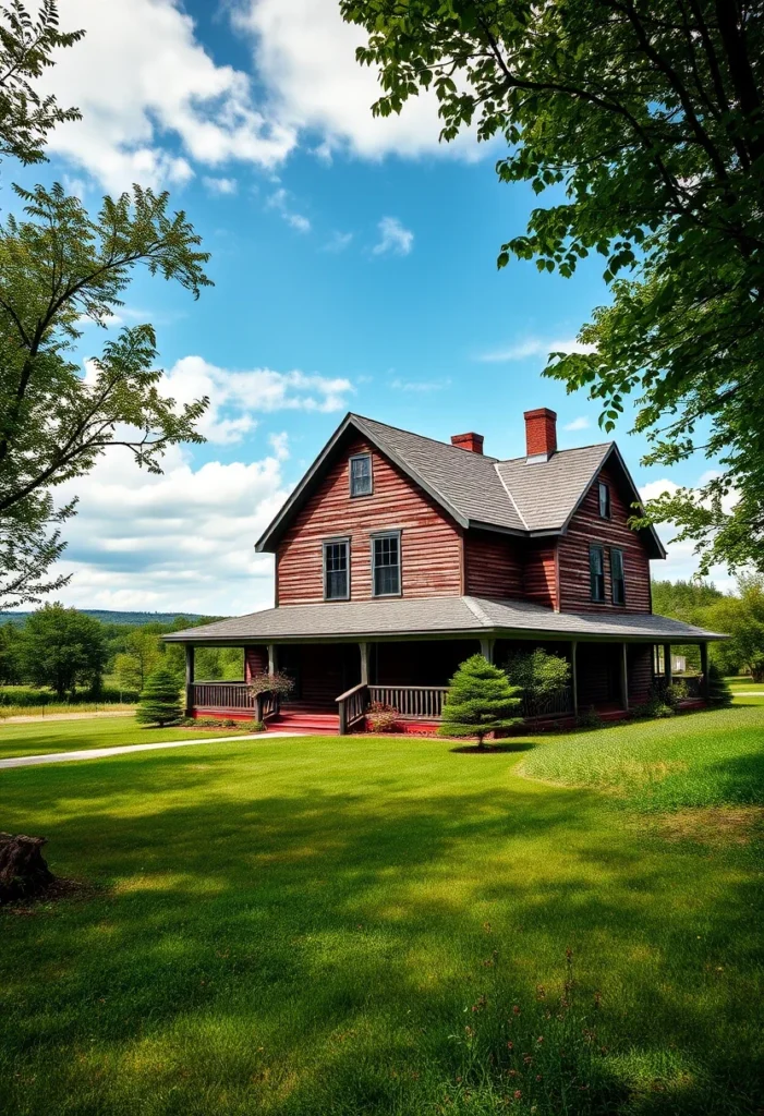 Red farmhouse with wraparound porch on green lawn, bathed in sunlight.