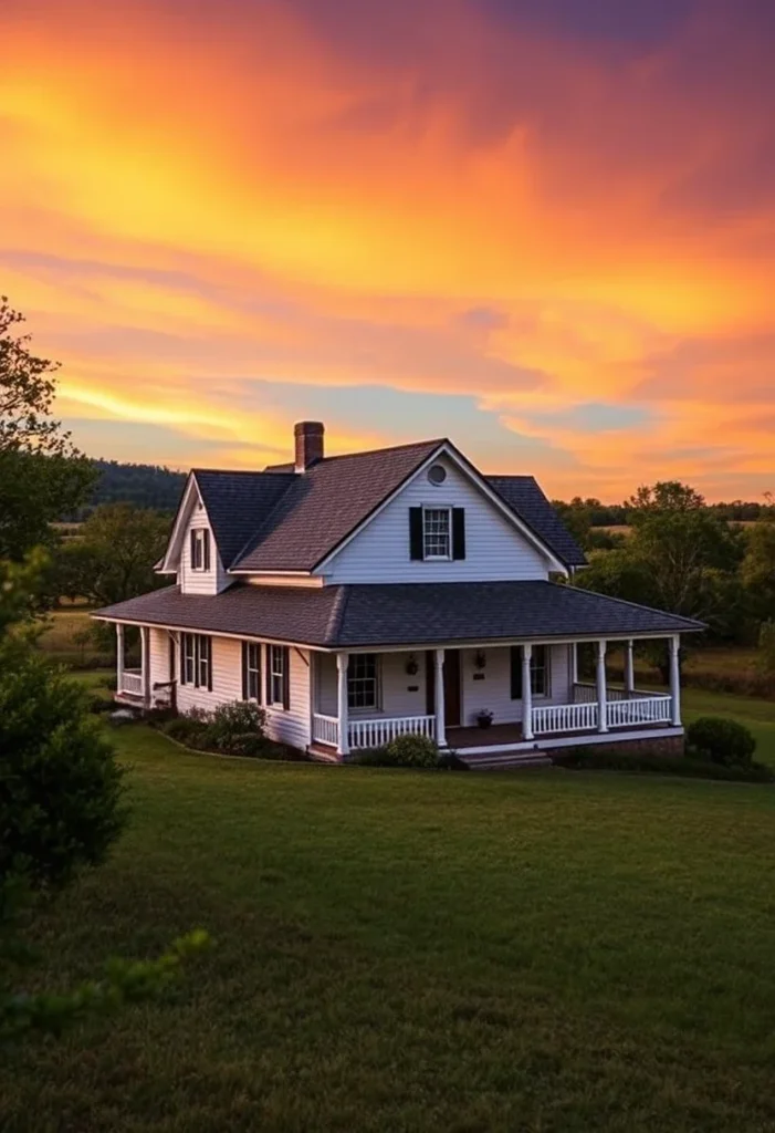 White farmhouse with wraparound porch against a vibrant sunset sky.