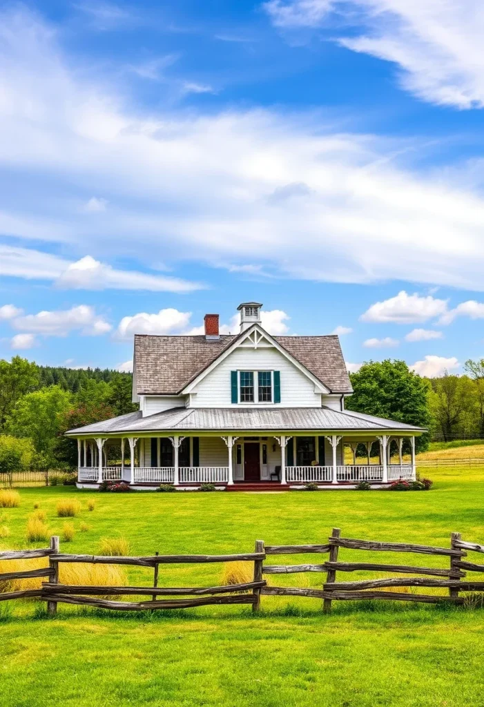 White farmhouse with wraparound porch, green fields, blue sky, and wooden fence.