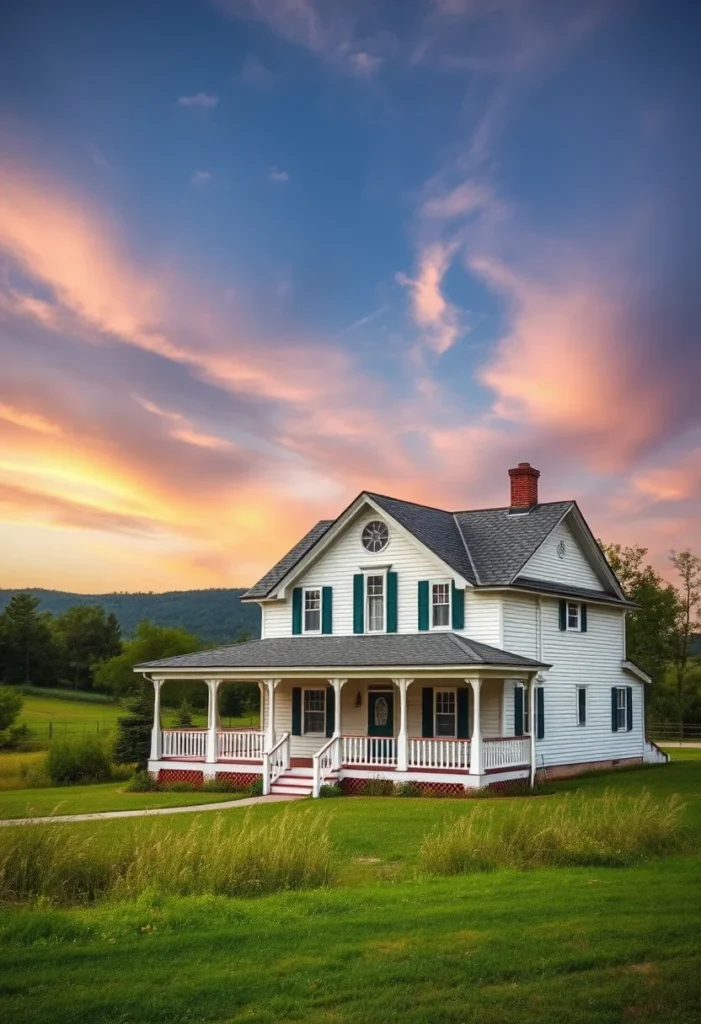 White farmhouse with wraparound porch, green fields, and colorful sky.