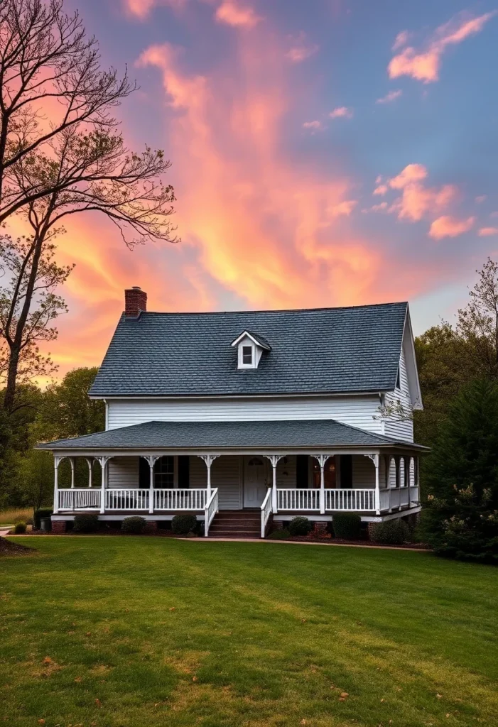 Grand white farmhouse with wraparound porch, green lawn, and colorful sky in Ozark, Arkansas.