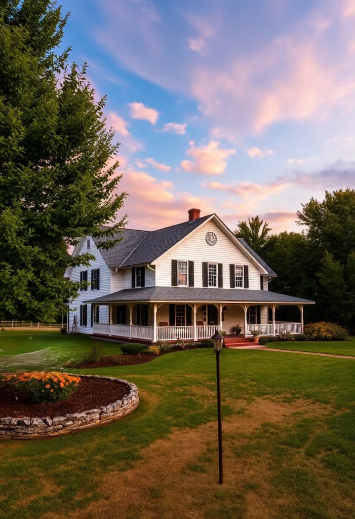 White farmhouse with wraparound porch, landscaping, and colorful sky in Chester, NY.