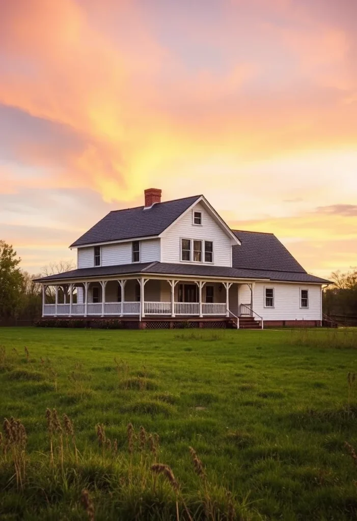 White farmhouse with wraparound porch in a field at dusk with a colorful sky.