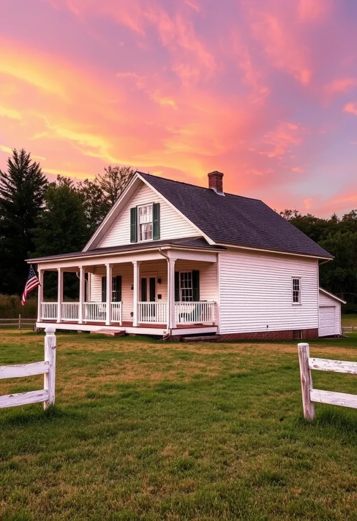 White farmhouse with American flag, spacious porch, and colorful sky.