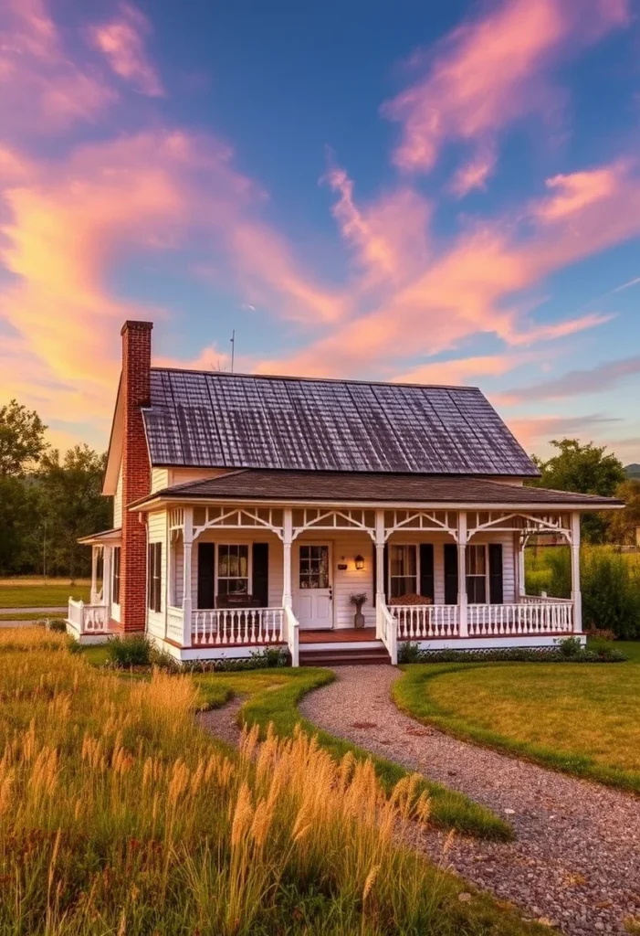 White farmhouse with wraparound porch, stone path, and colorful sky.