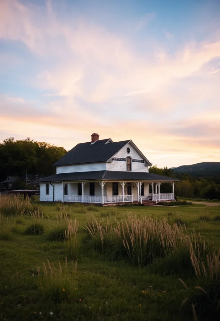 White farmhouse with wraparound porch, tall grasses, and twilight sky in Levant, Maine.