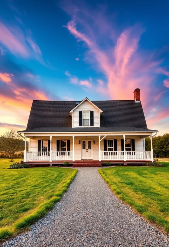 White farmhouse with front porch, gravel driveway, and colorful sky in Fuquay Varina, NC.