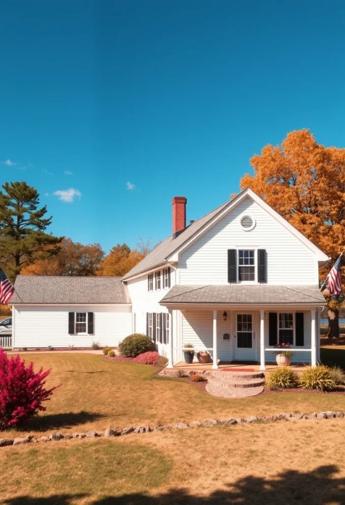 White farmhouse with black shutters and a front porch.