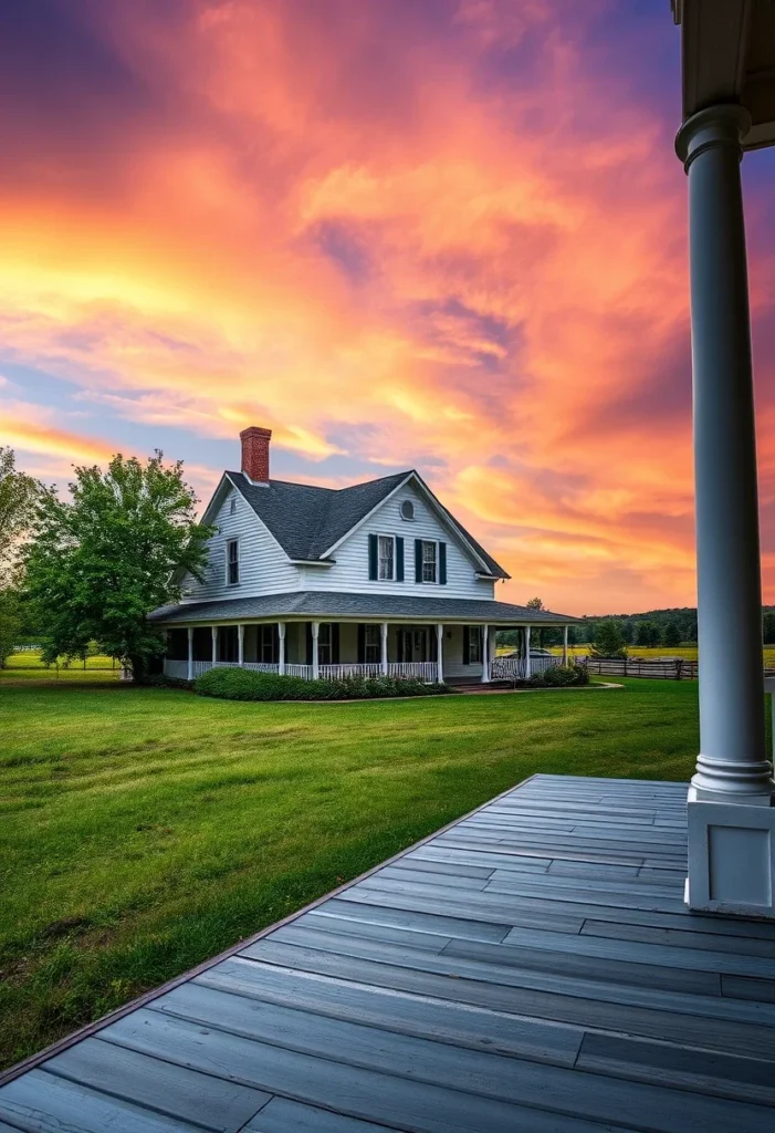 View from porch of white farmhouse with colorful sunset sky in Caribou, Maine.