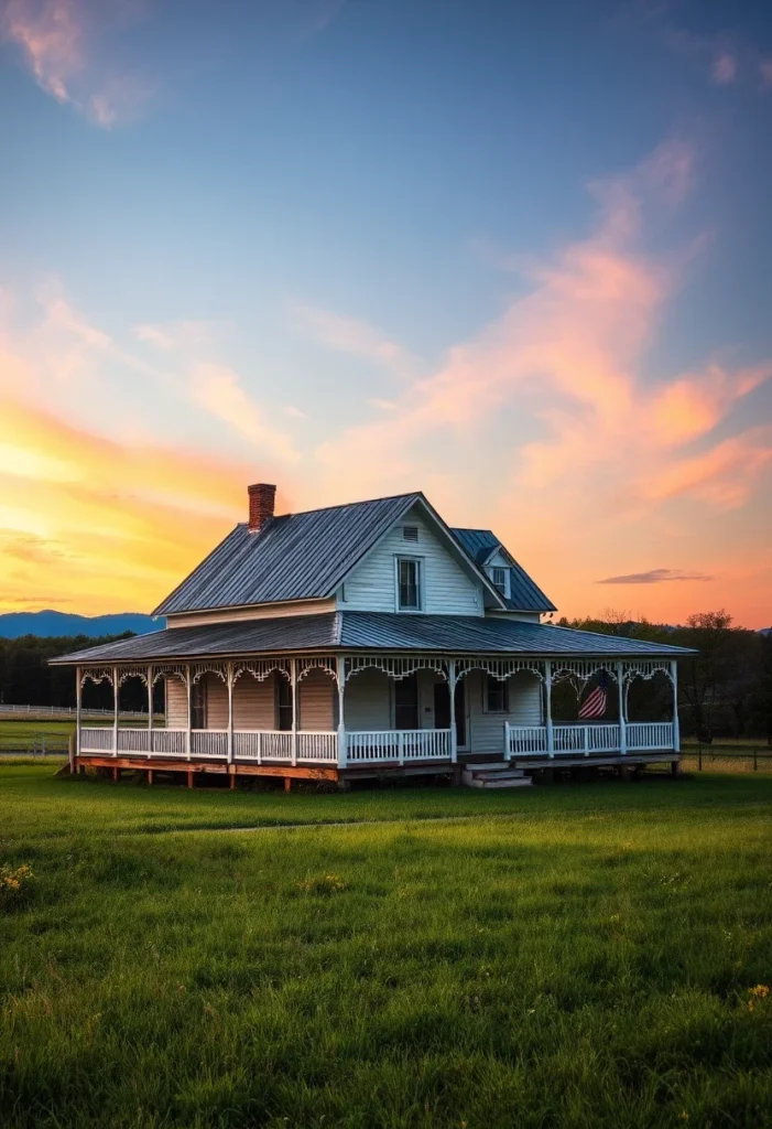 Tan farmhouse with wraparound porch, wooden fence, and twilight sky in Perry, Oklahoma.