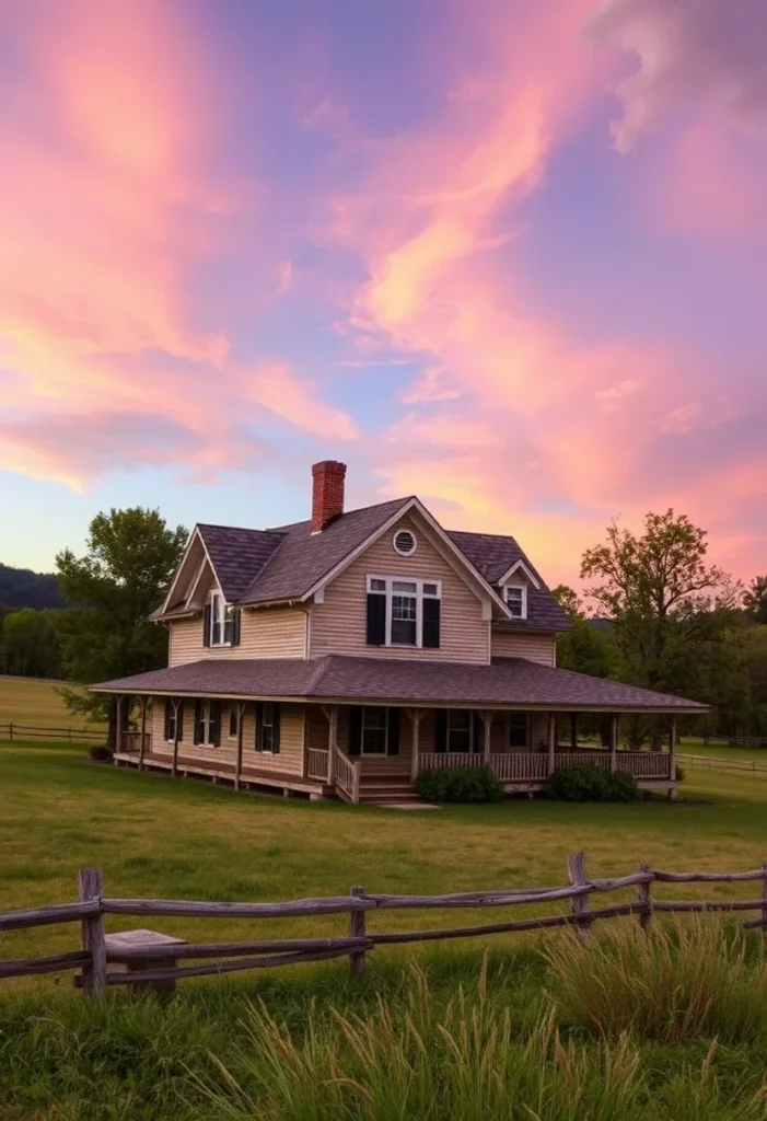 Farmhouse with wraparound porch, wooden fence, and twilight sky.