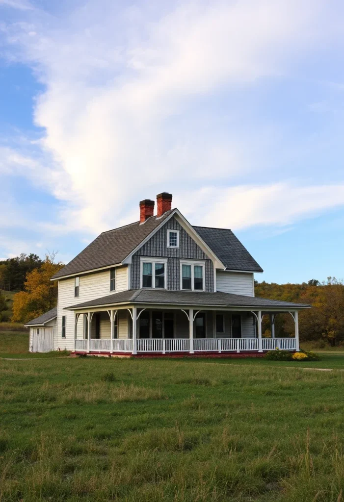 White farmhouse with wraparound porch, open fields, and blue sky.