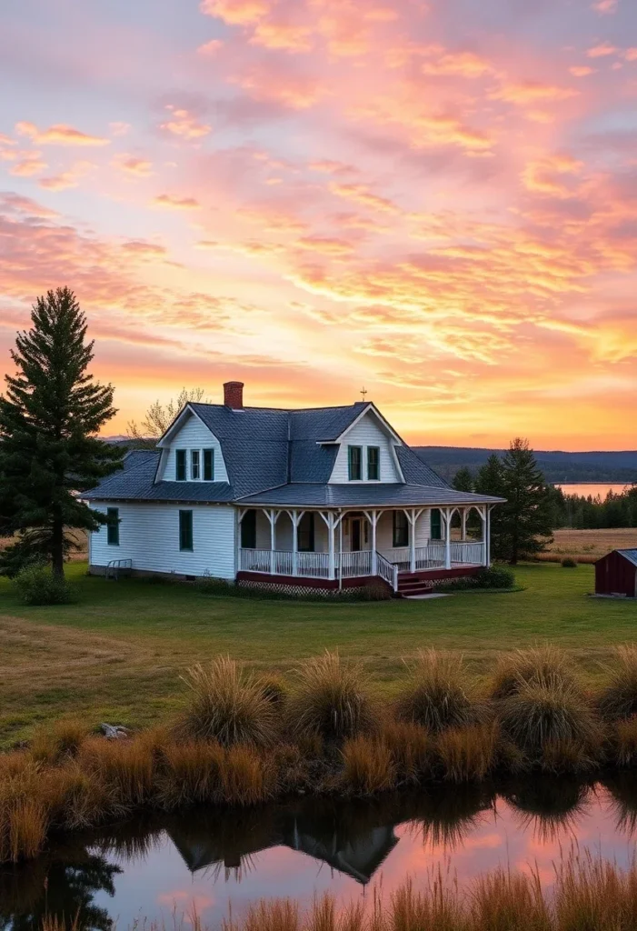 : White farmhouse reflected in a pond at twilight with a colorful sky.