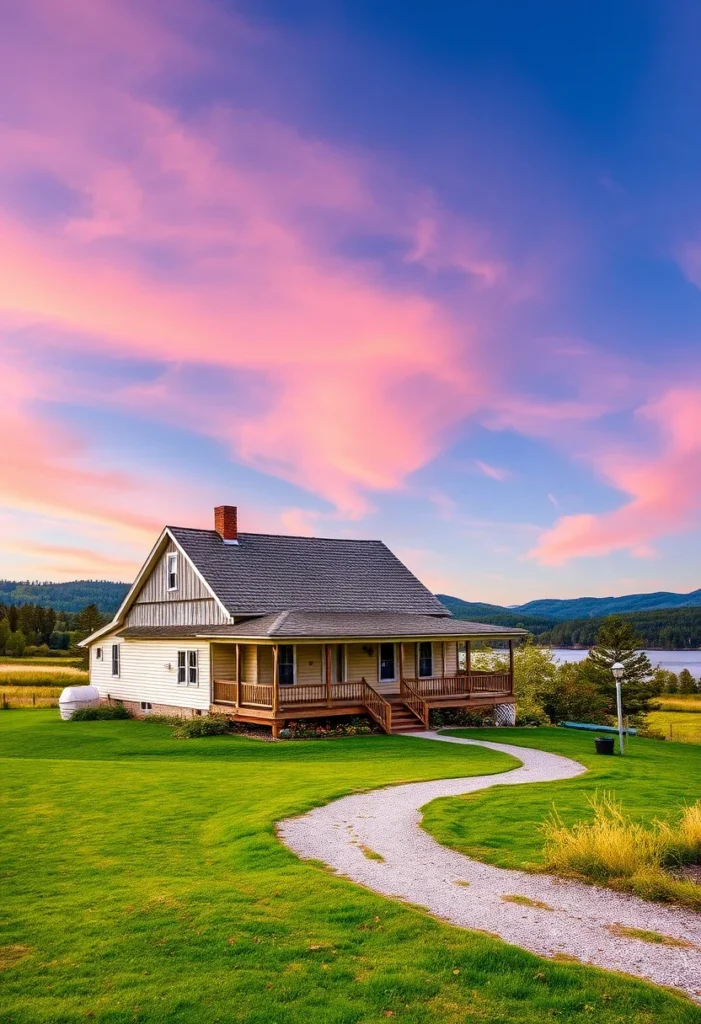 Farmhouse with porch, winding path, lake, and colorful sky.