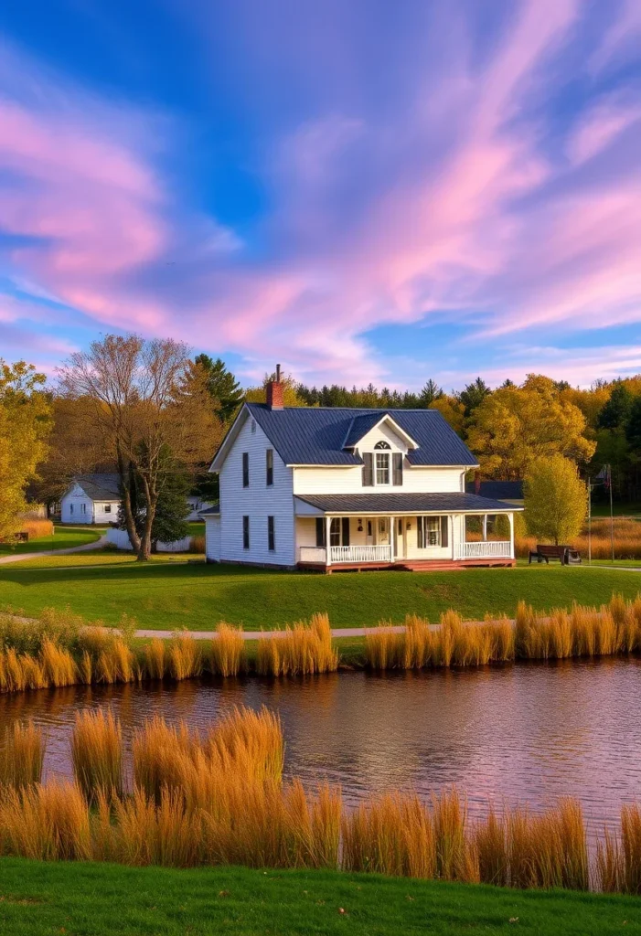 White farmhouse with porch by the water with a colorful sky.