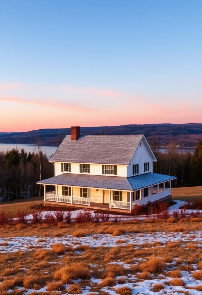 White New England farmhouse with wraparound porch overlooking water and fields.