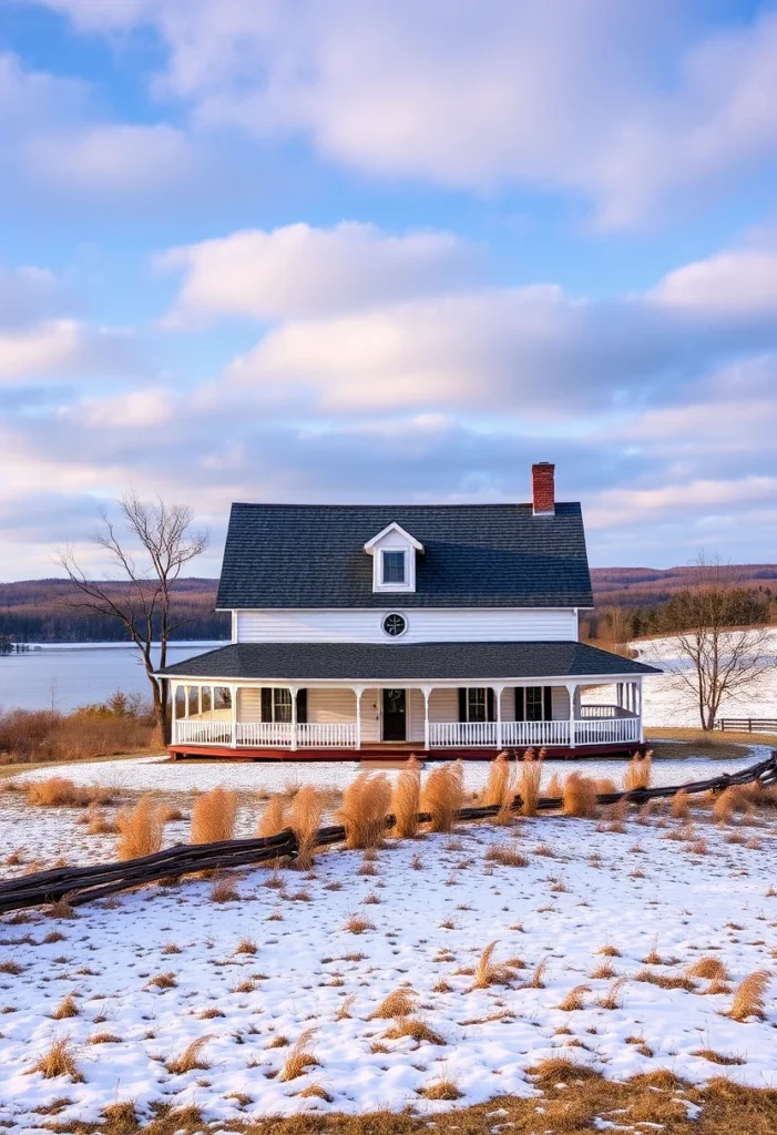 White farmhouse with wraparound porch in a snowy winter landscape with distant water.