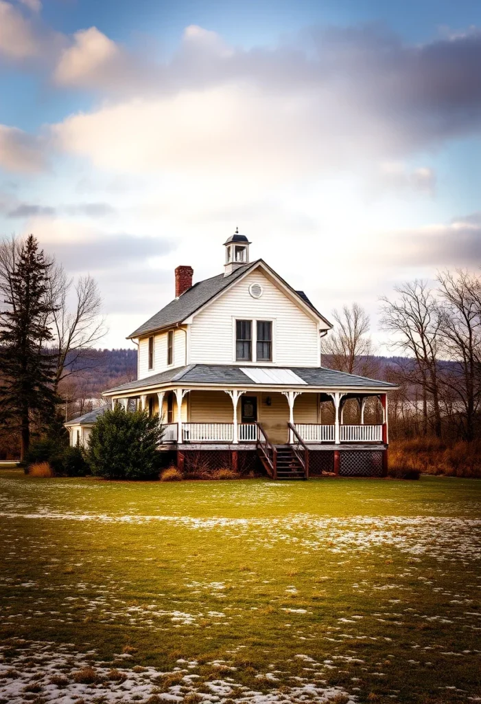 White farmhouse with wraparound porch and cupola in a partially snowy landscape.