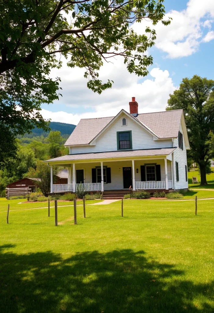 White farmhouse with wide porch, green lawn, and trees.