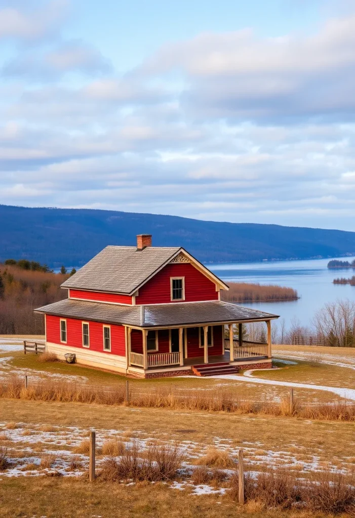 Red farmhouse with wraparound porch overlooking a lake.