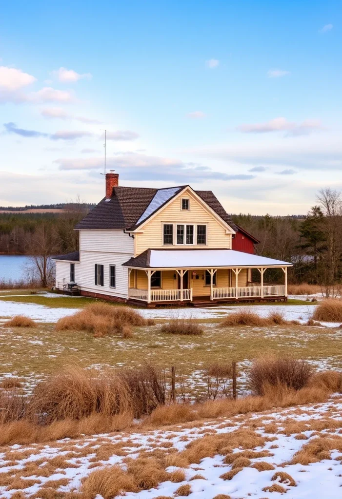 Farmhouse with wraparound porch in a late winter landscape with patches of snow.