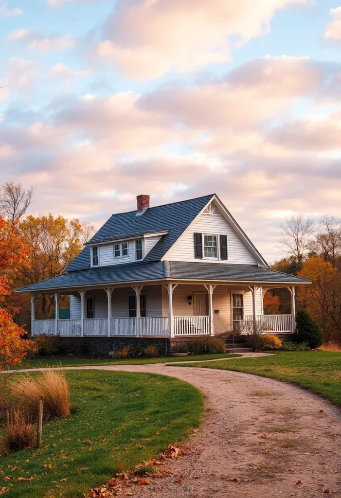 White farmhouse with wraparound porch and winding gravel driveway.