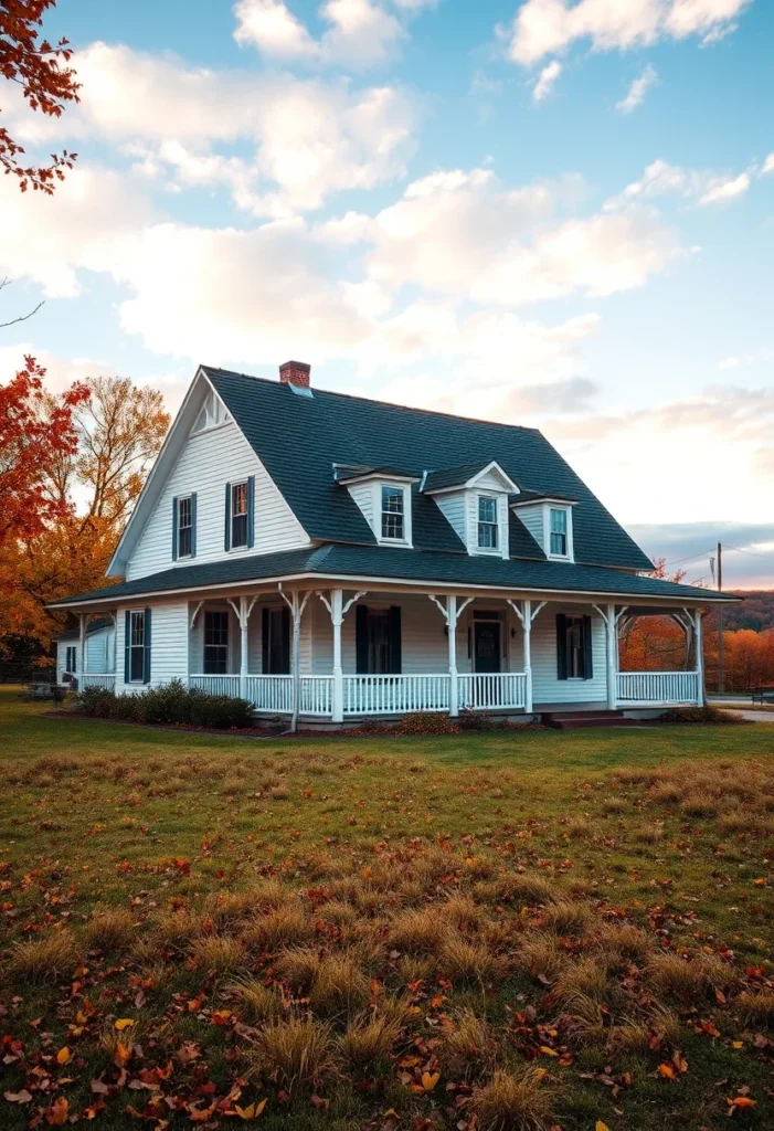 White farmhouse with wraparound porch surrounded by autumn foliage.