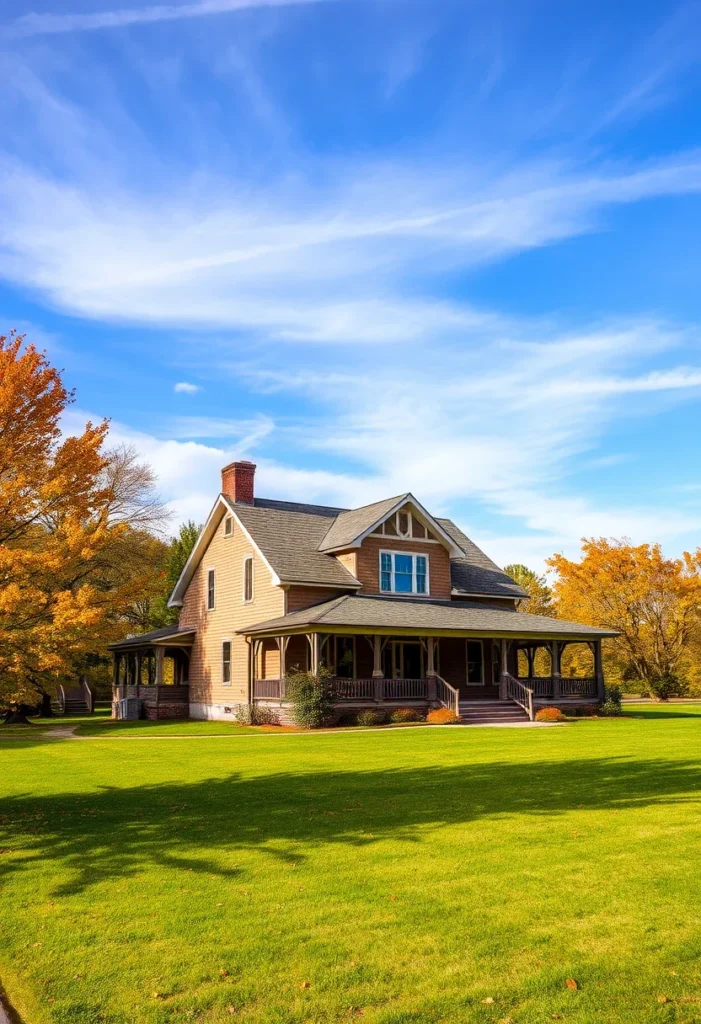 Classic Farmhouse with wraparound porch surrounded by autumn foliage and green lawn.