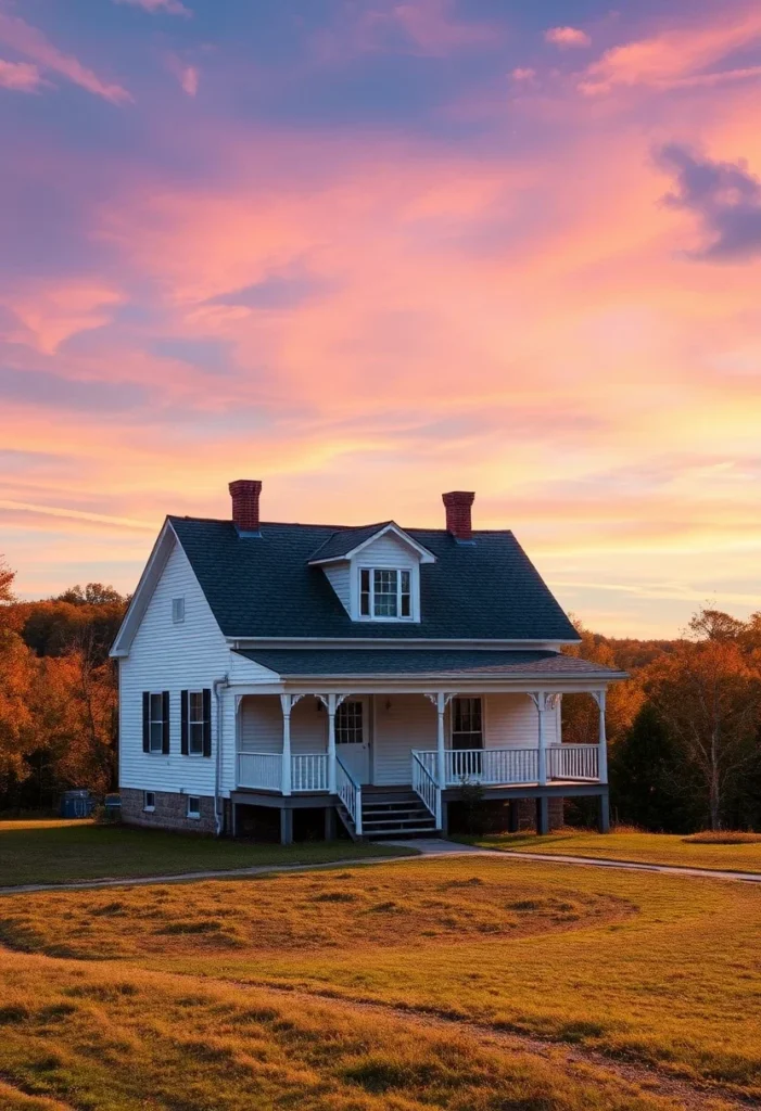 White Classic farmhouse with porch at sunset with a colorful sky.