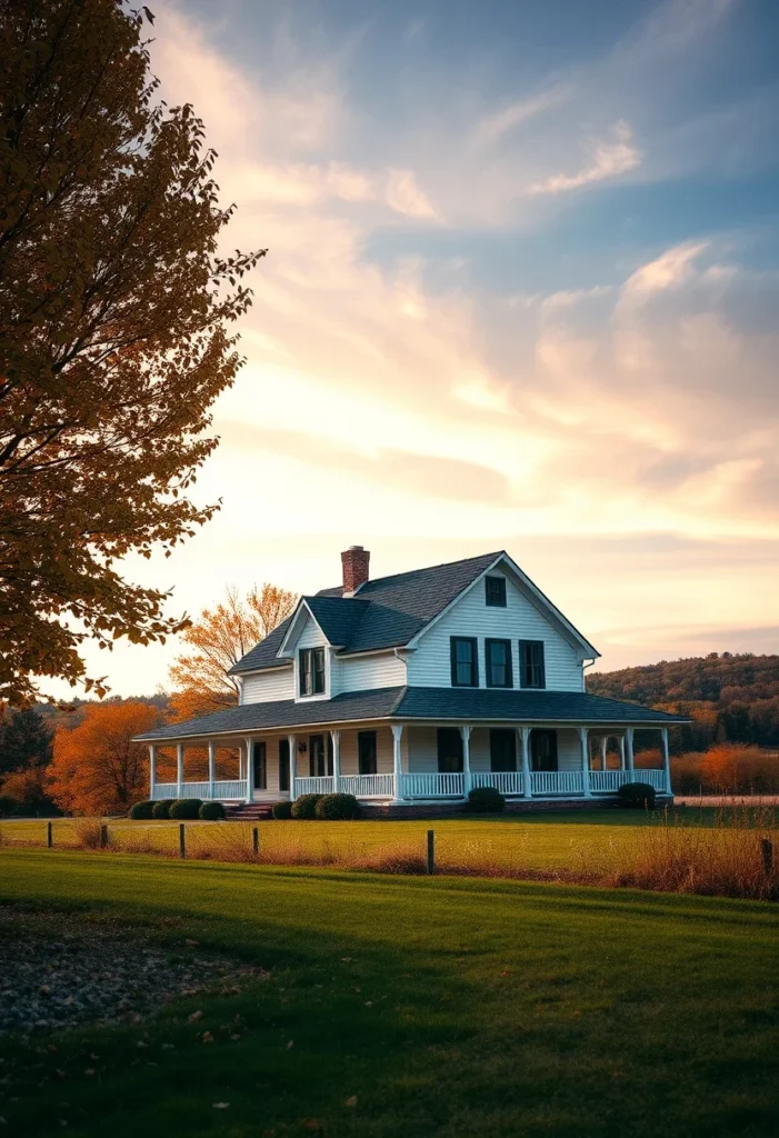 White Classic farmhouse with wraparound porch and autumn foliage.