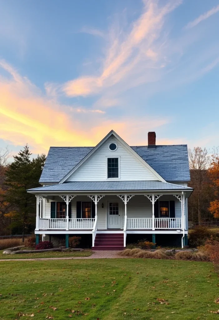 White Classic farmhouse with porch at dusk with a colorful sky.