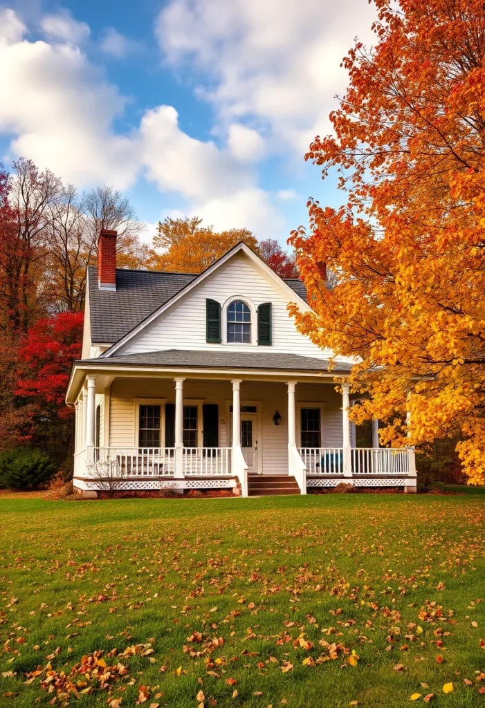 White Classic farmhouse with porch surrounded by colorful autumn foliage.