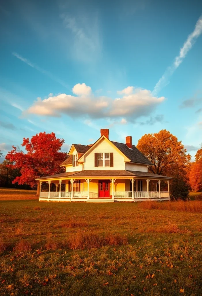 White Classic farmhouse with red door and wraparound porch surrounded by fall foliage.