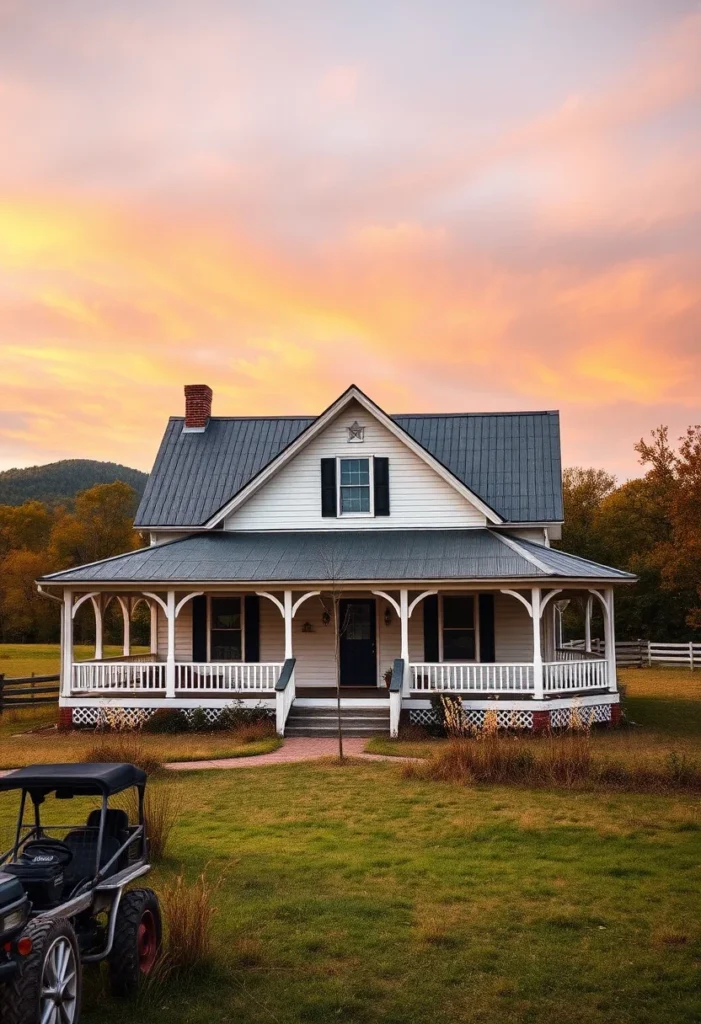 Farmhouse with wraparound porch in a rural setting.