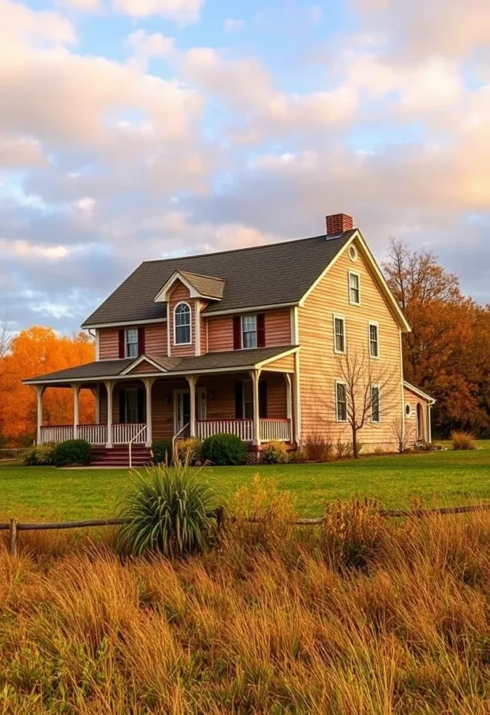 Farmhouse with wraparound porch surrounded by autumn foliage.