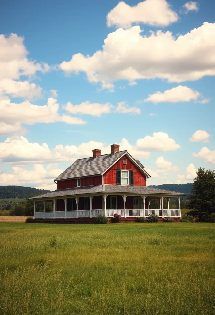 Red farmhouse with wraparound porch in a field under a blue sky with white clouds.