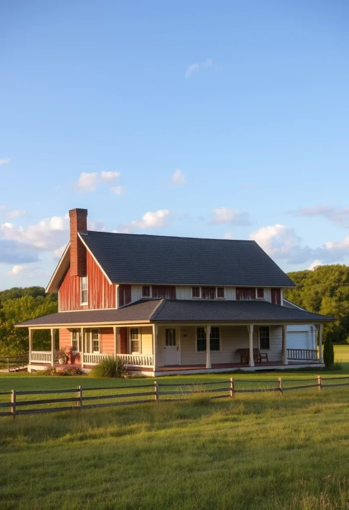 Farmhouse with wraparound porch on a gently sloping field.