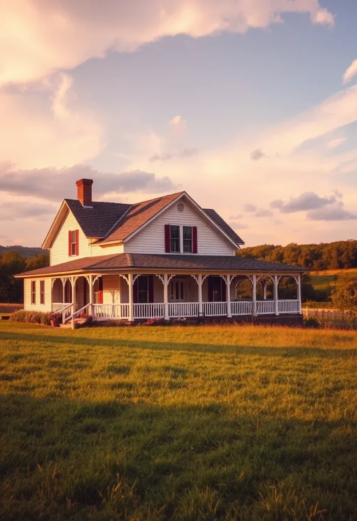 Farmhouse with wraparound porch in a field with trees in the background.