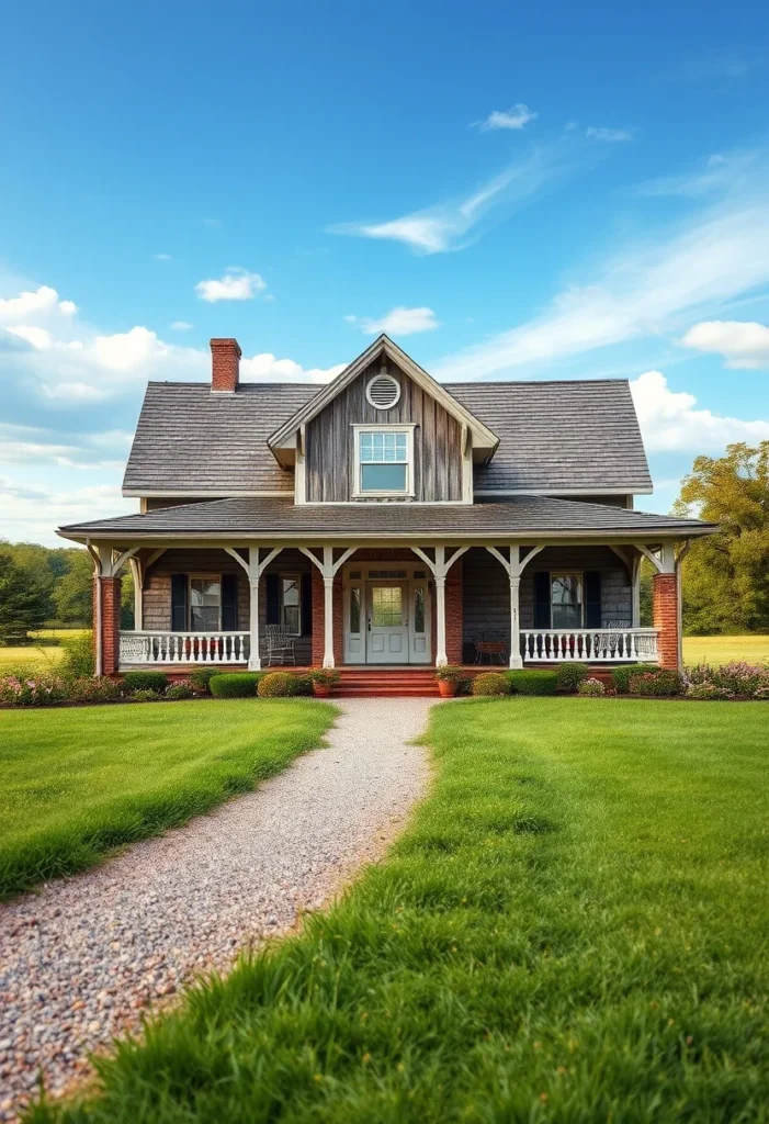 Farmhouse with a stone pathway leading to a porch.