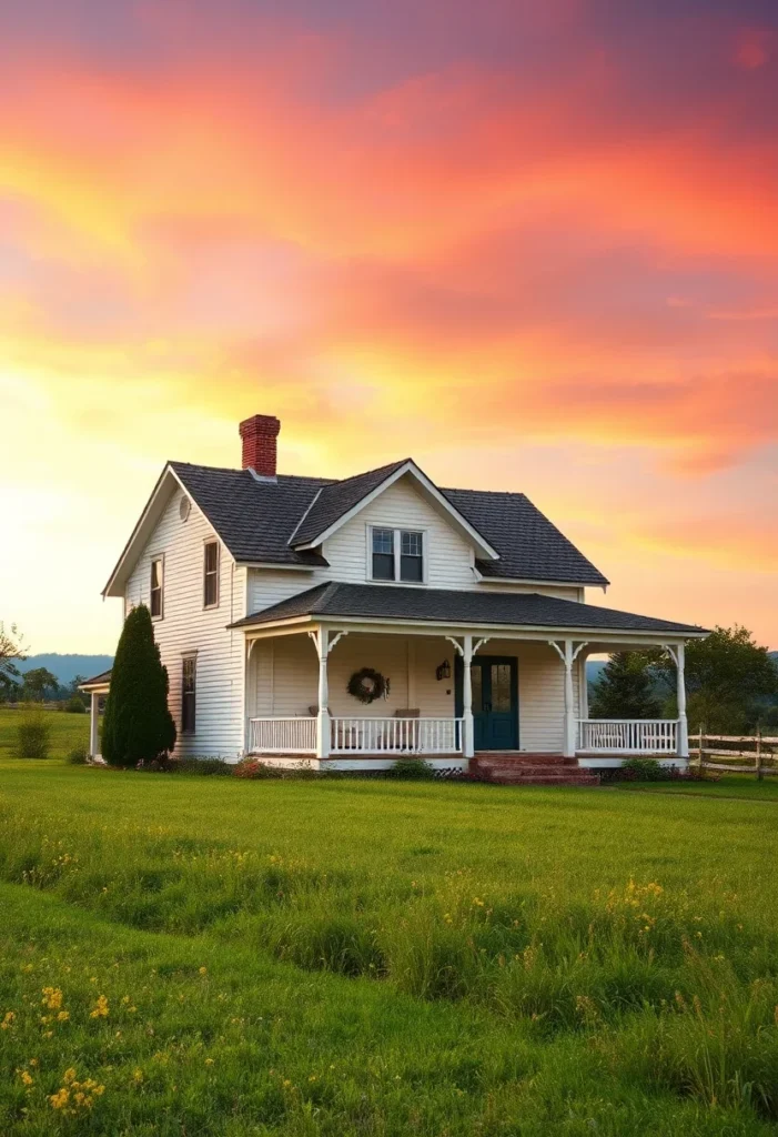 White farmhouse with porch at sunset with a colorful sky.