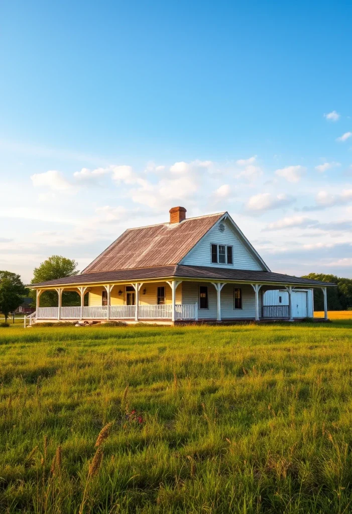 Farmhouse with wraparound porch in open fields.