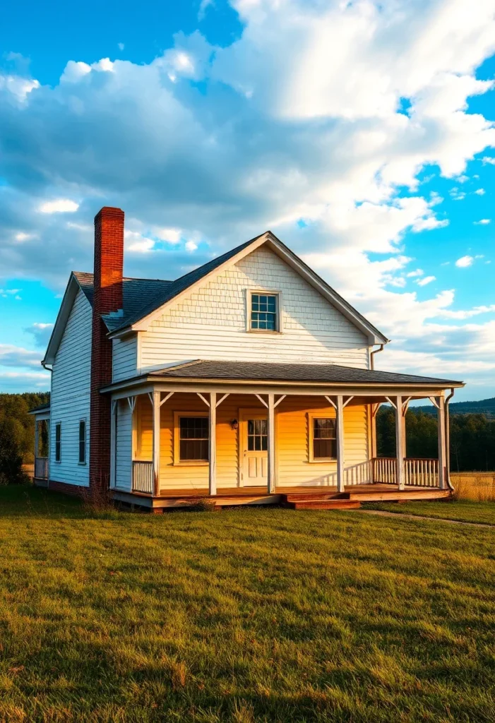 White farmhouse with porch bathed in warm sunlight.