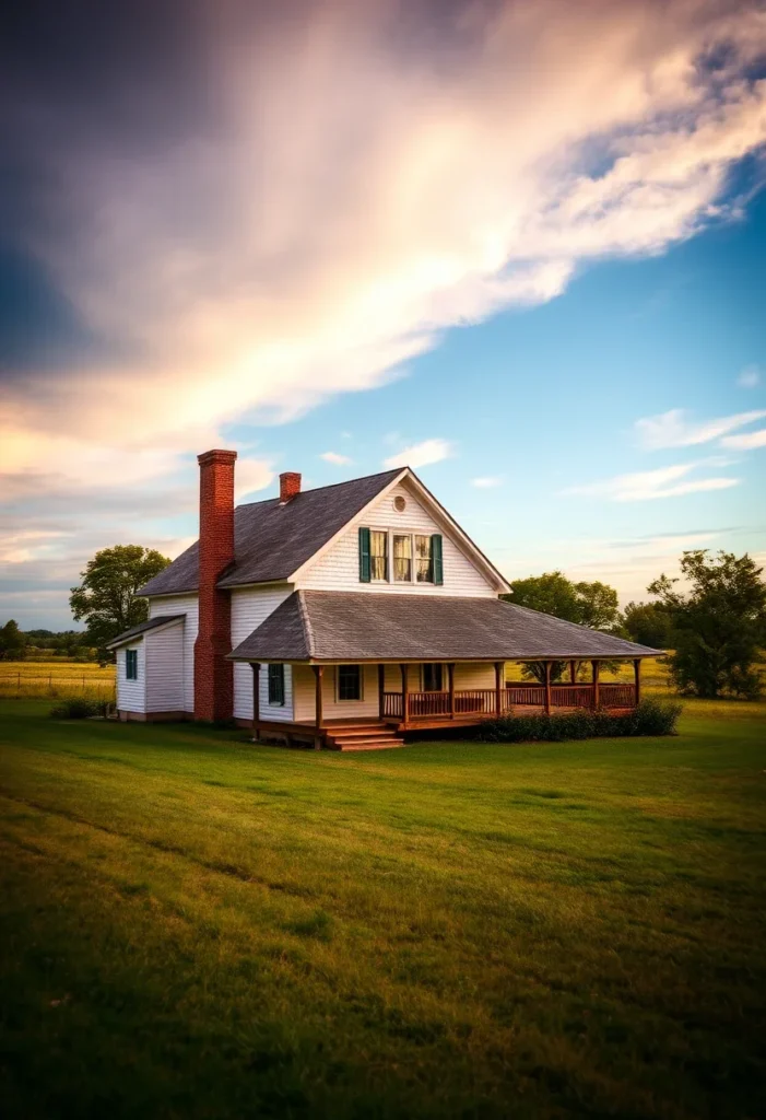 White farmhouse with porch under a dramatic sky with clouds and sunlight.