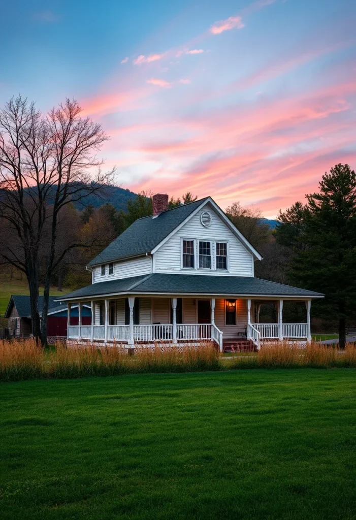 White farmhouse with wraparound porch at twilight with a colorful sky.