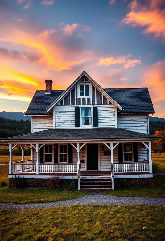 Farmhouse with porch at sunset, colorful sky.